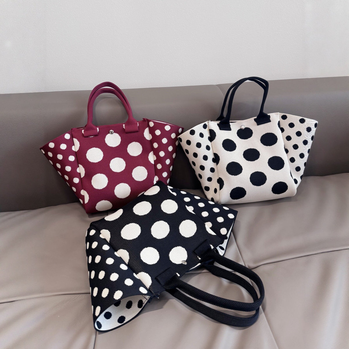 Chic Polka-Dot Knitted Pattern Mini Tote Handbag