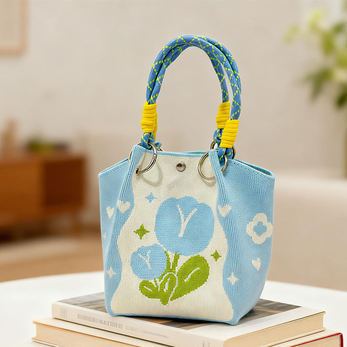 Cute Floral Print Braided Handle Tote Bag