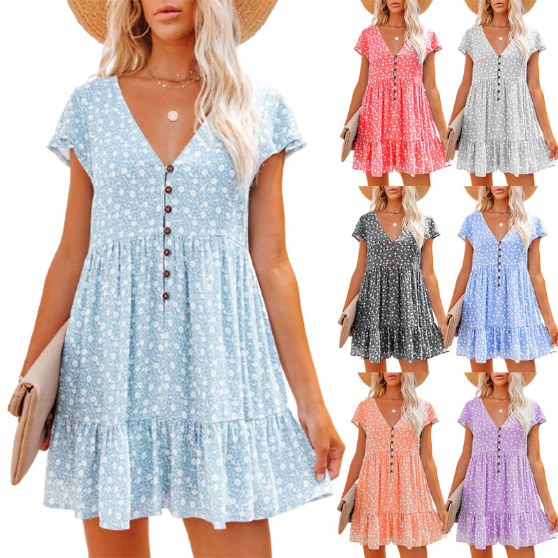 V-Neck Button Floral Short-Sleeve Loose Casual Dress
