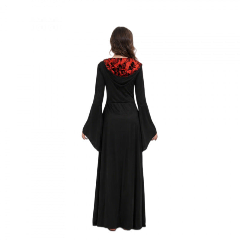 Halloween Gothic Medieval Maxi Dress with Red Brocade Panel