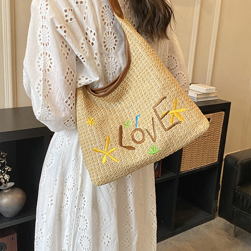 Women Korean Letter Woven Straw 2026 New Relaxed Large Beach Shoulder Tote Bag
