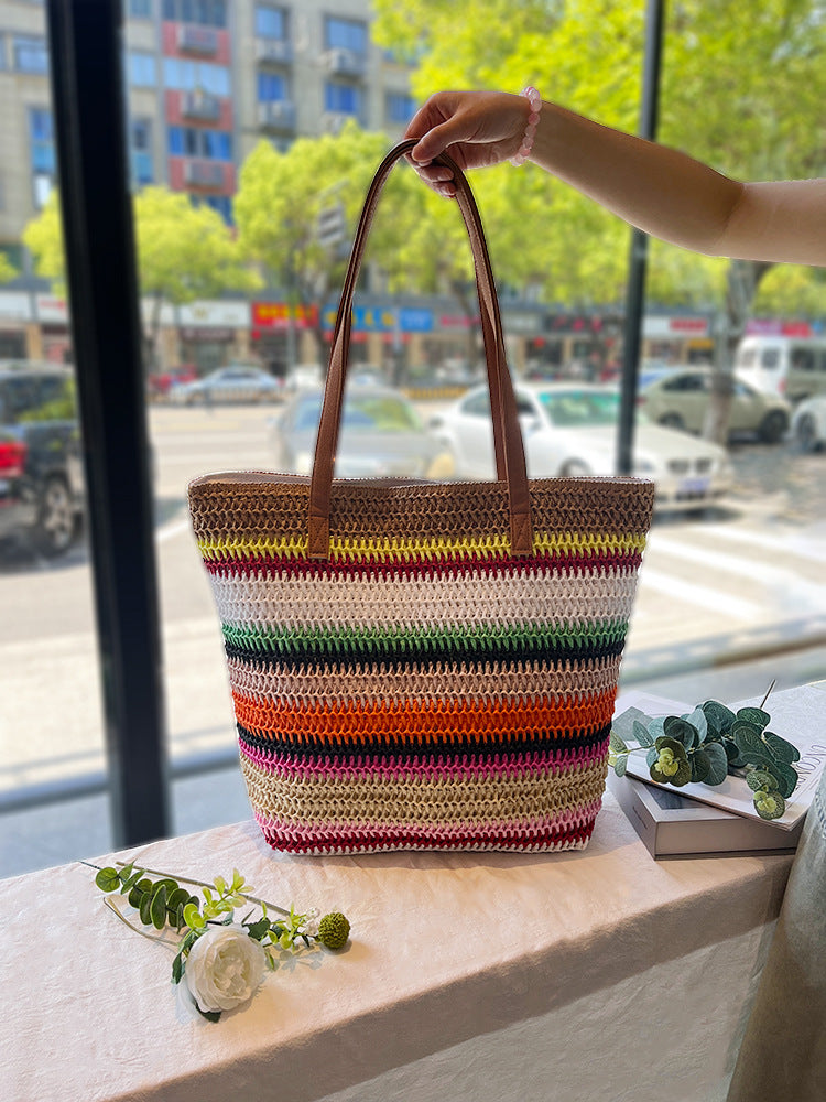 Striped Contrasting Color Handmade Straw Tote Bag
