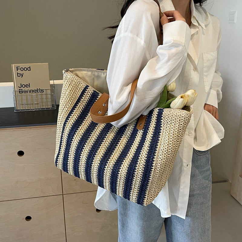 Women Fabric Straw Woven Tote 2026 New Leather Strap Summer Premium Bag