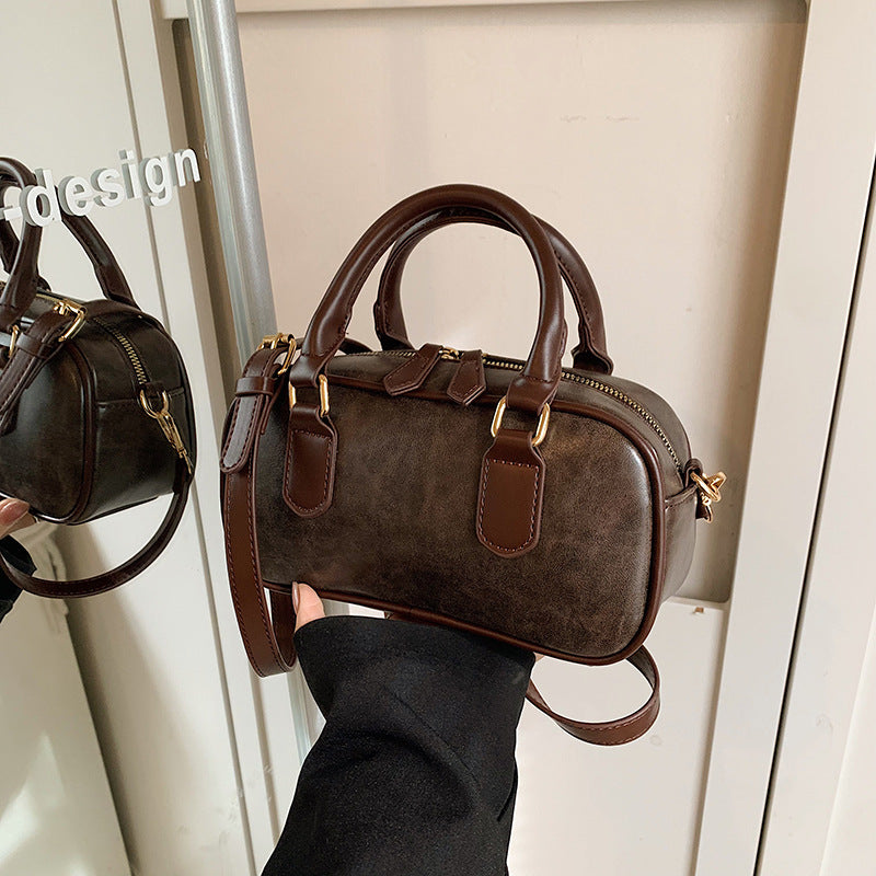 Mini Boston Bag PU Leather Handbag with Detachable Crossbody Strap