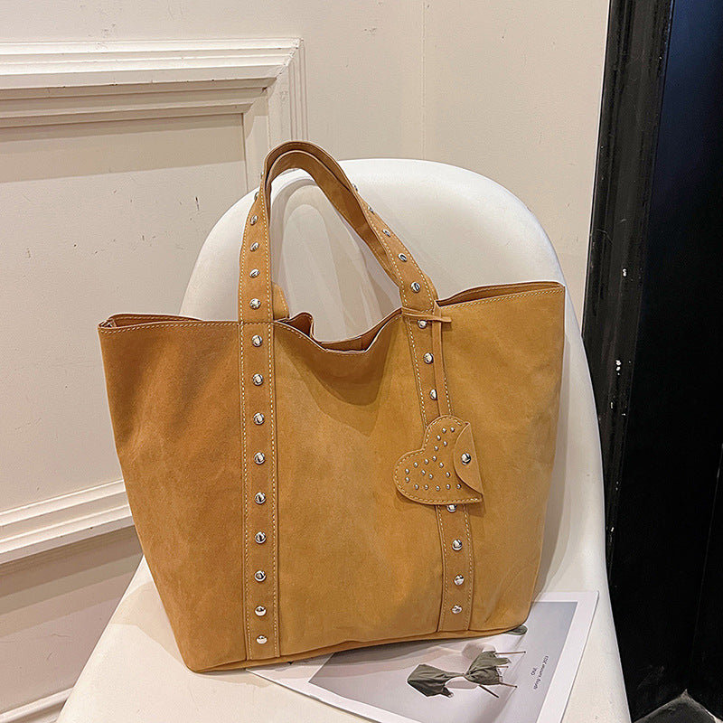 Vintage Suede-Look Studded Tote Bag with Heart Charm
