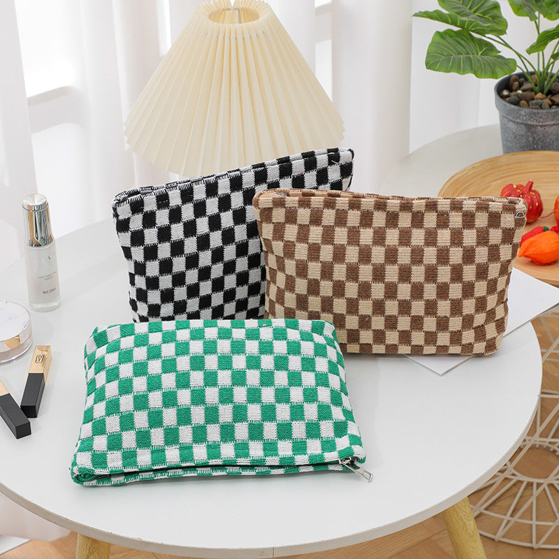 Wool Checkerboard Large Capacity Cosmetic Clutch Bag