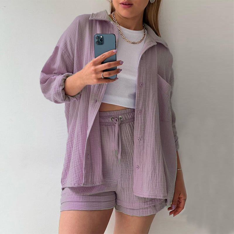 European And American Clothing Two-Piece Set Wrinkled Lapel Long-Sleeved Shirt High-Waisted Drawstring Shorts Large Size Fashion Casual Suit