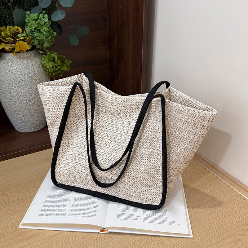 Cross-Border New Large-Capacity Commuter Tote Straw Bag Shoulder Woven Bag Casual Versatile Striped Beach Bag Women'S Bag