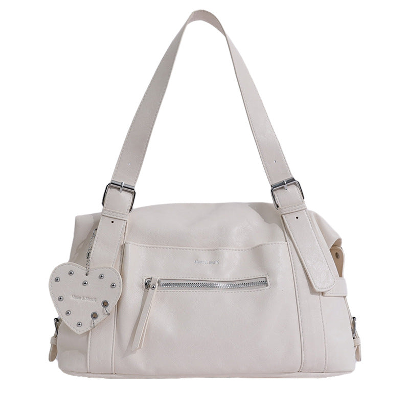 Vintage Shoulder Bag with Studded Heart Charm and Zipper