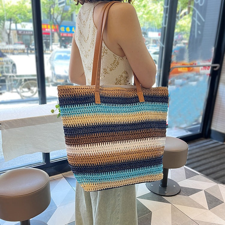 Striped Contrasting Color Handmade Straw Tote Bag