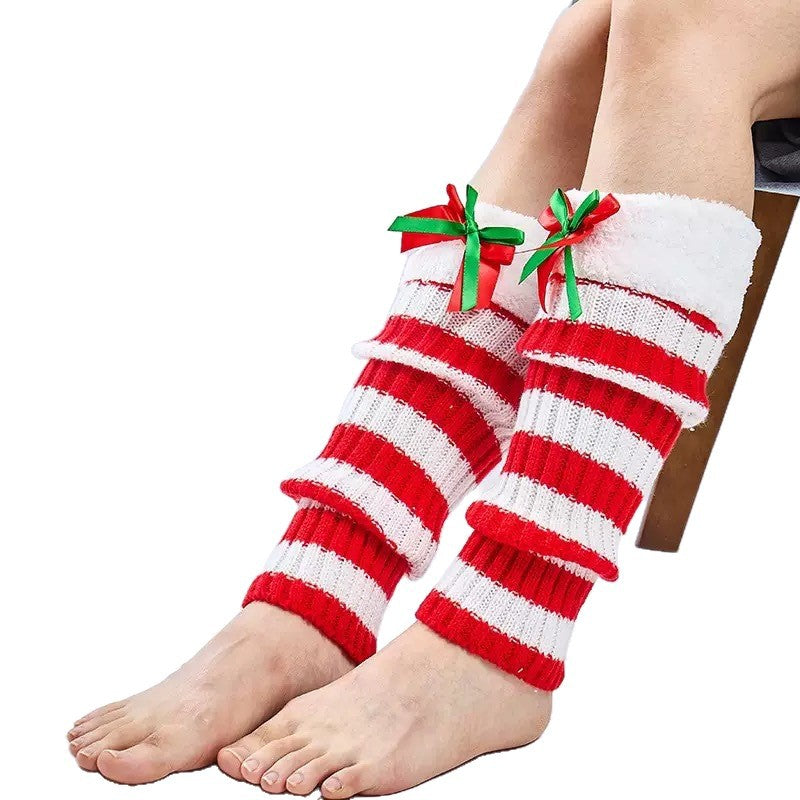 Christmas Faux Fur Cuffs and Bows Knit Leg Warmers