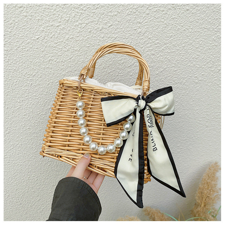 Handwoven Rattan Straw Pearl Beach Bag