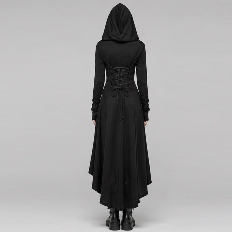 Halloween Gothic Hooded High-Low Dress with Lace Up Corset Waist