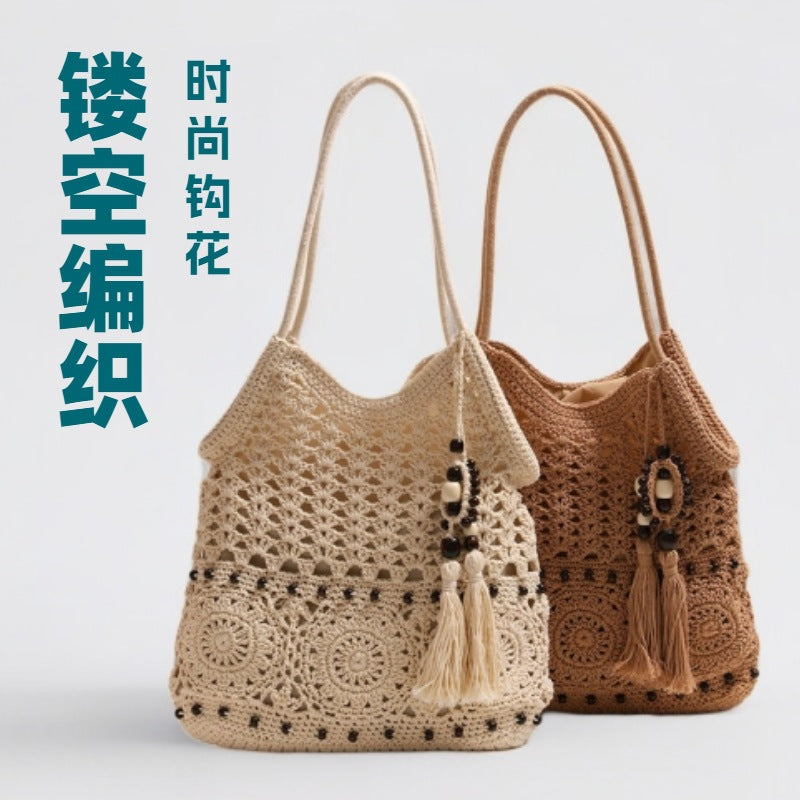Fashionable Wooden Bead Tassel Single Shoulder Cotton Woven Bag New Casual Hollow Straw Bag Seaside Resort Style Beach Bag