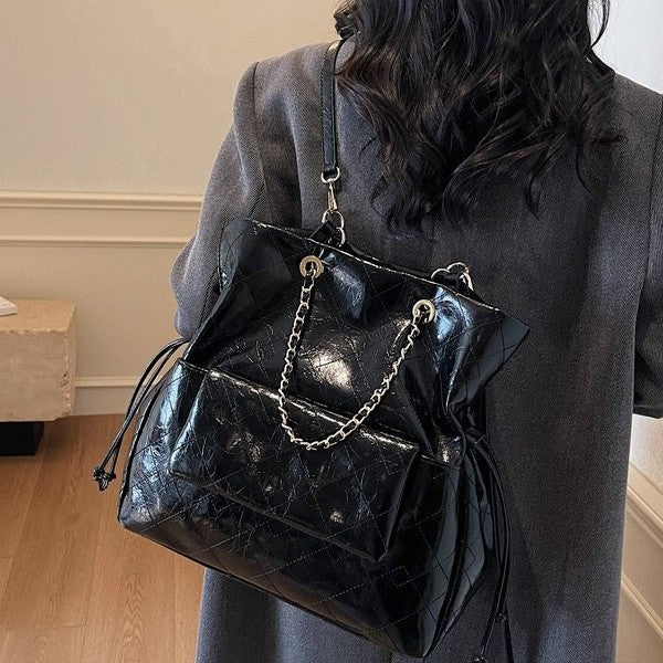 Glossy Quilted Convertible Backpack Tote Bag with Chain Detail