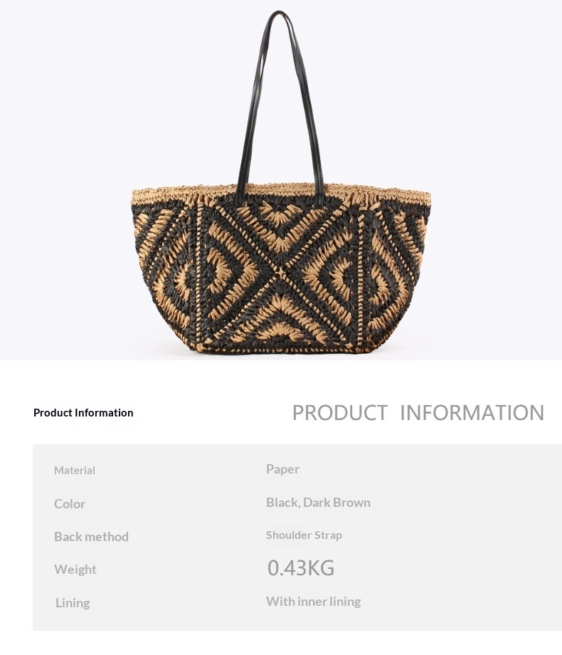 Oversized Geometric Paper Straw Woven Shoulder Tote Bag