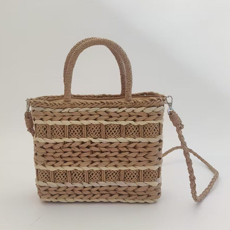 Striped Woven Crossbody Bag, Lightweight Straw Basket Bag