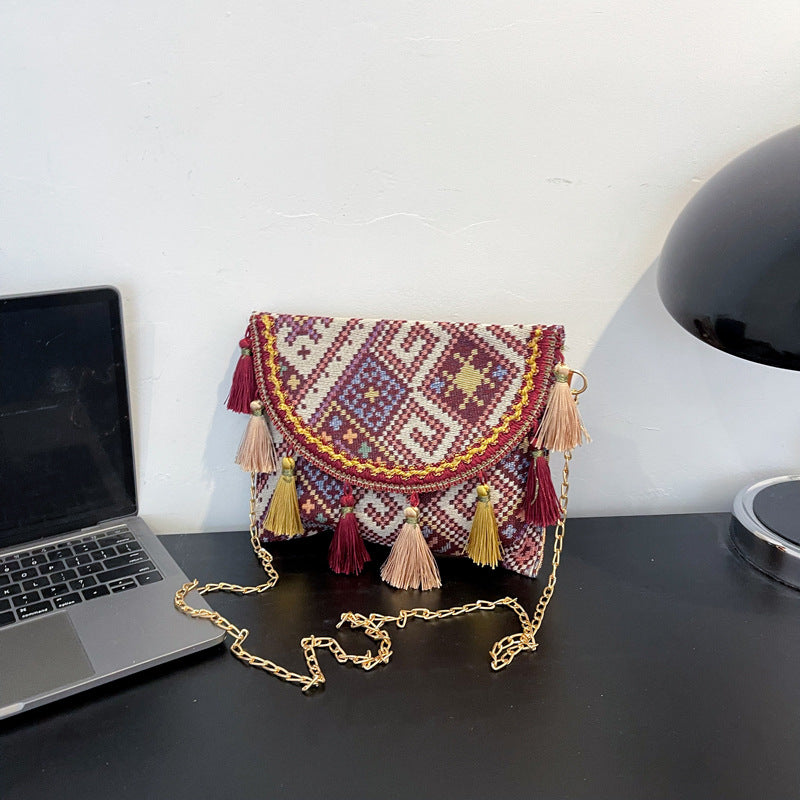 Retro Ethnic Chain Woven Canvas Shoulder Bag