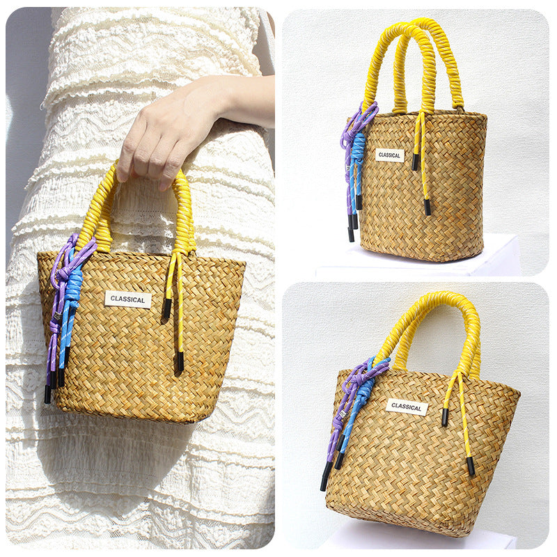 Handmade Colorful Straw Woven Beach Basket Bag