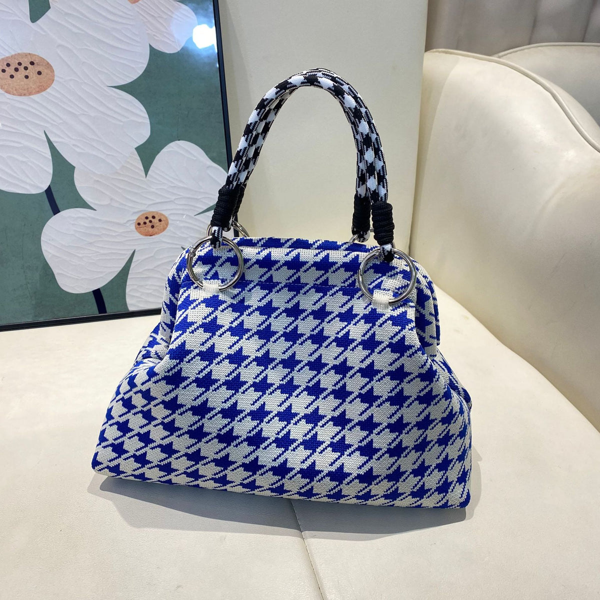 Retro Houndstooth Knitted Dumpling Style Tote Handbag