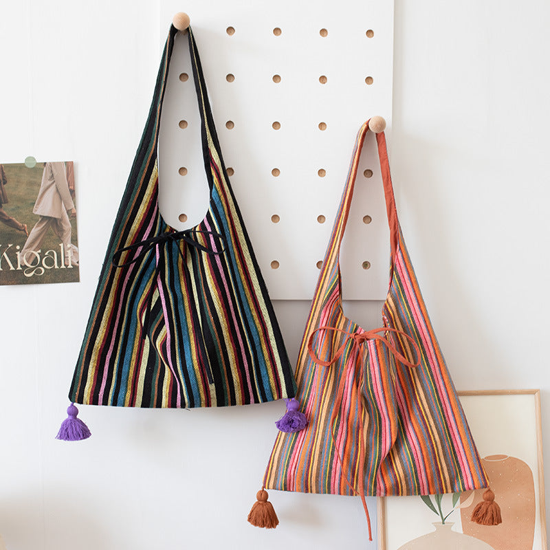 Original Ethnic Textured Striped Canvas Shoulder School Bag
