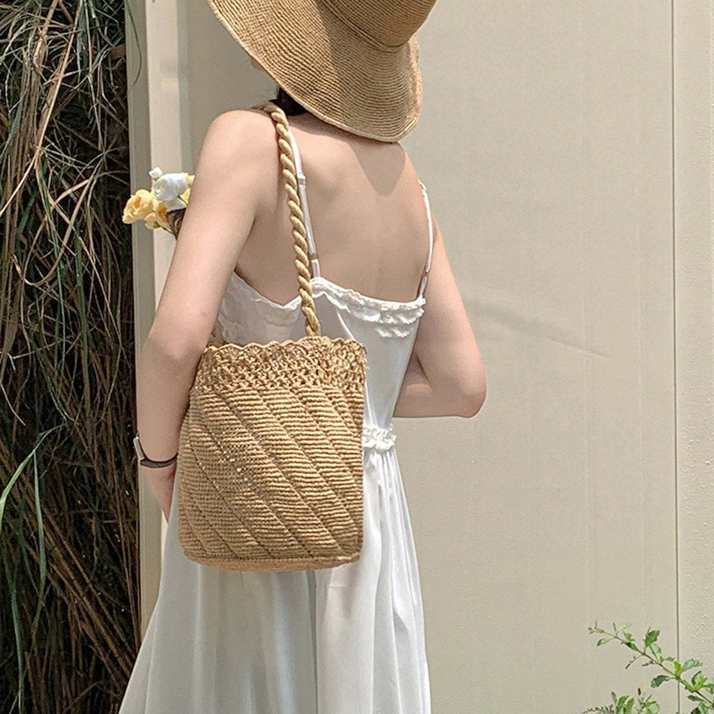 Handwoven Raffia Bucket Natural Straw Shoulder Beach Tote Bag