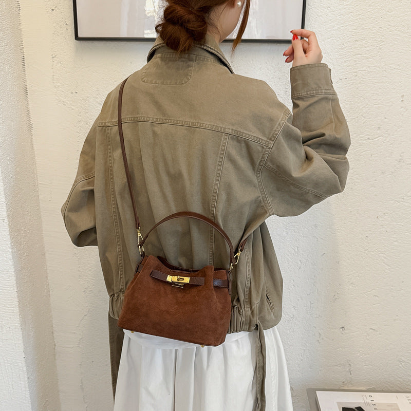 Vintage Textured Faux Suede Handbag with Metal Lock
