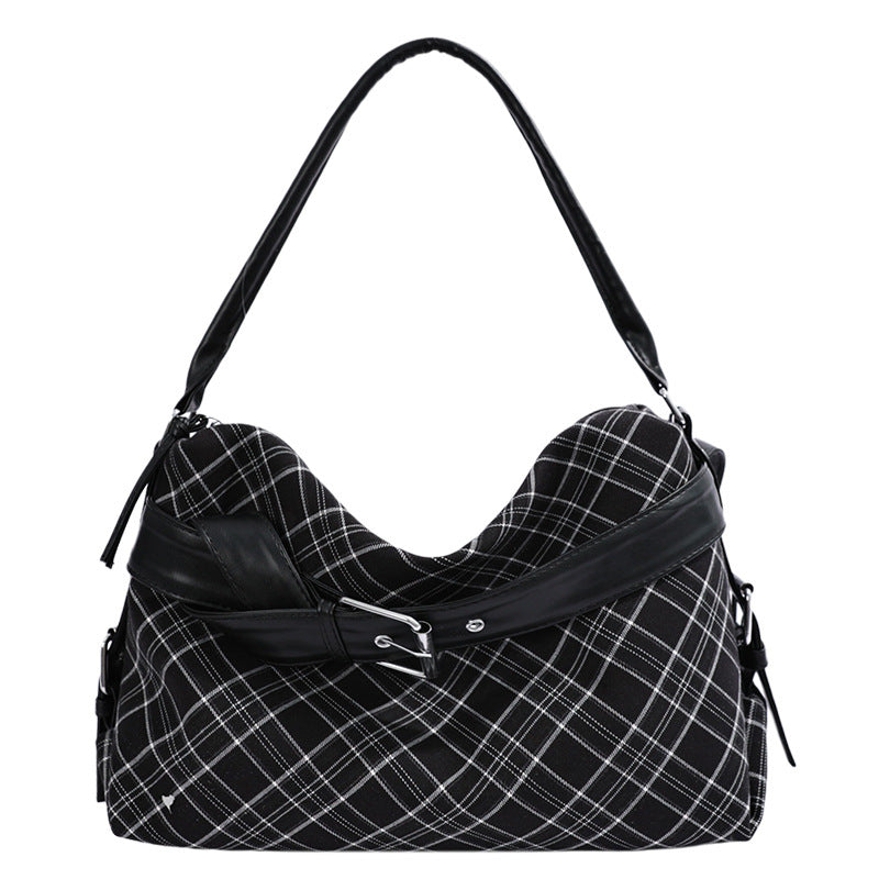 Vintage Plaid Handbag with Buckle Detail and Convertible Crossbody Strap