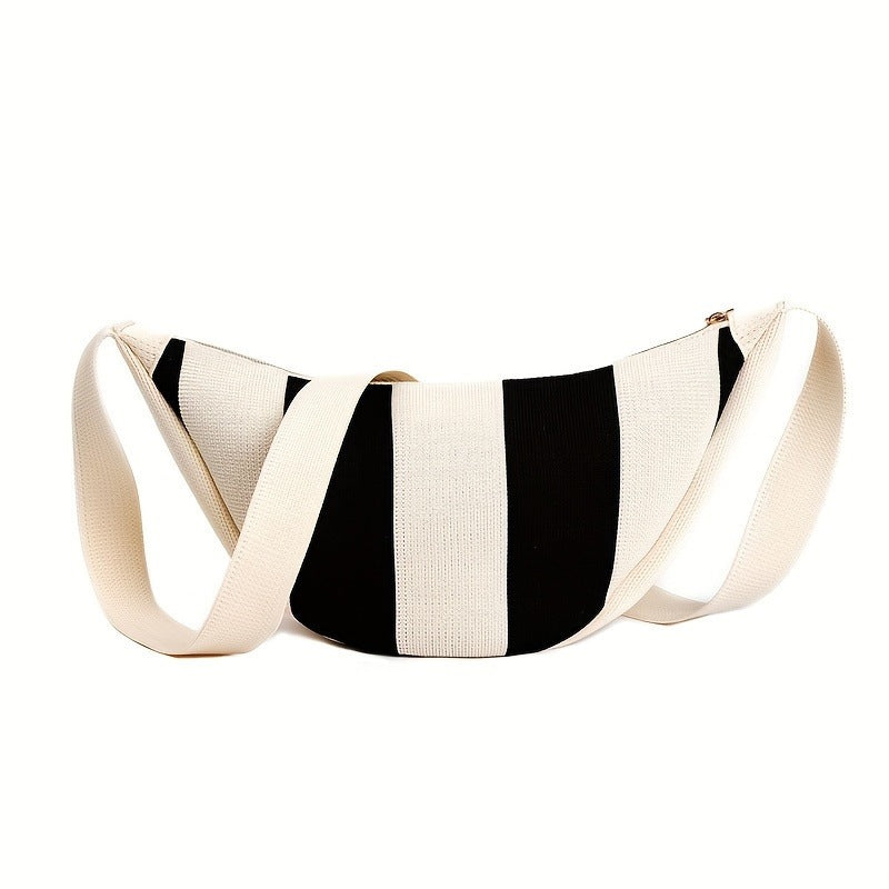 Striped Crescent Shoulder Bag with Zipper Closure