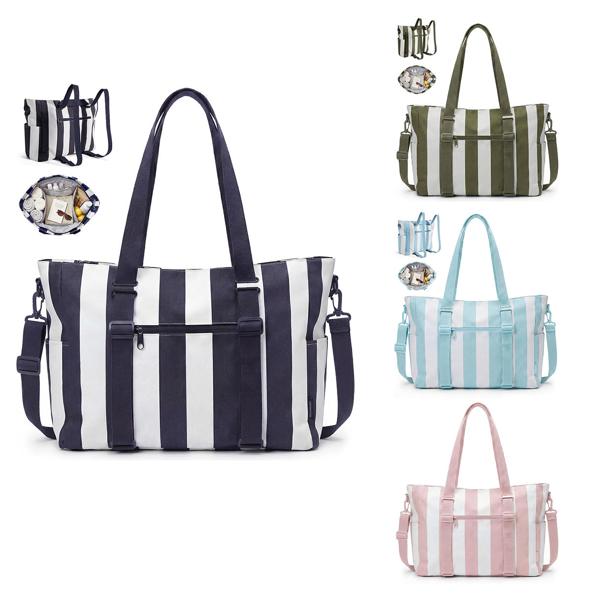 Striped Multi-Pocket Large Capacity Portable Beach Bag