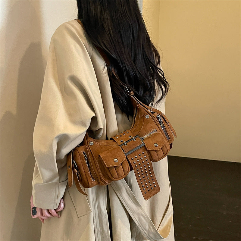Vintage Studded Buckle Shoulder Bag with Pockets