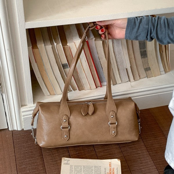 Vintage East-West Barrel Shoulder Bag with Buckle Details
