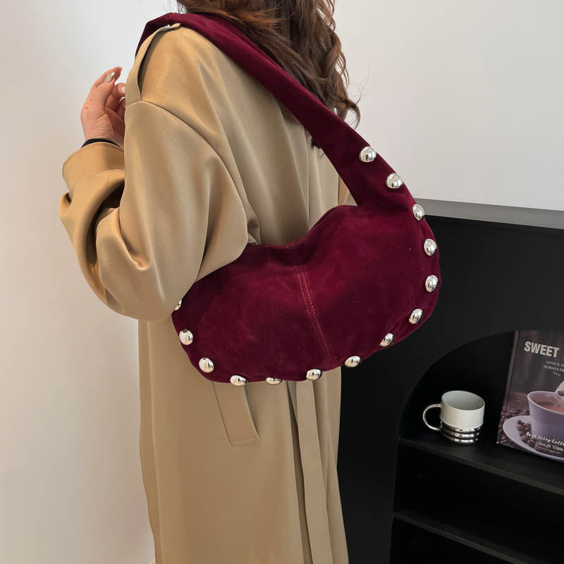 Suede Studded Hobo Shoulder Bag