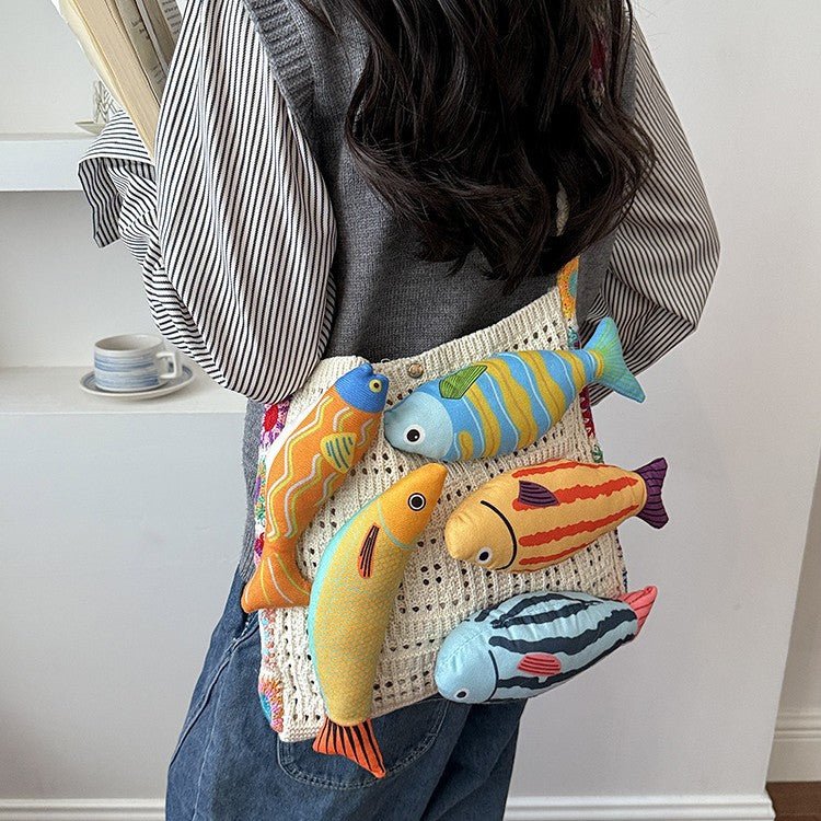 3D Fish Appliqué Granny Square Strap Mesh Knit Shoulder Bag