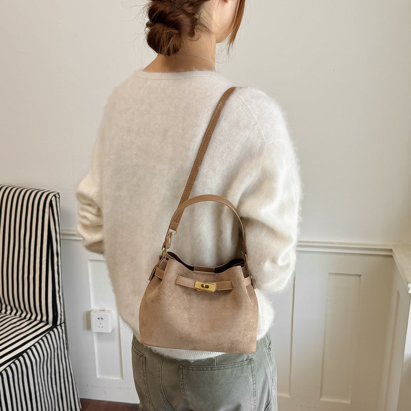 Vintage Textured Faux Suede Handbag with Metal Lock