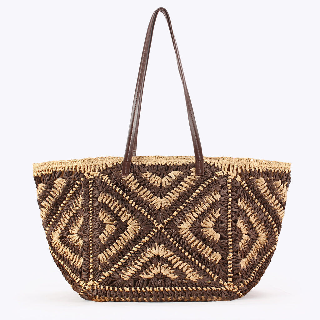 Oversized Geometric Paper Straw Woven Shoulder Tote Bag