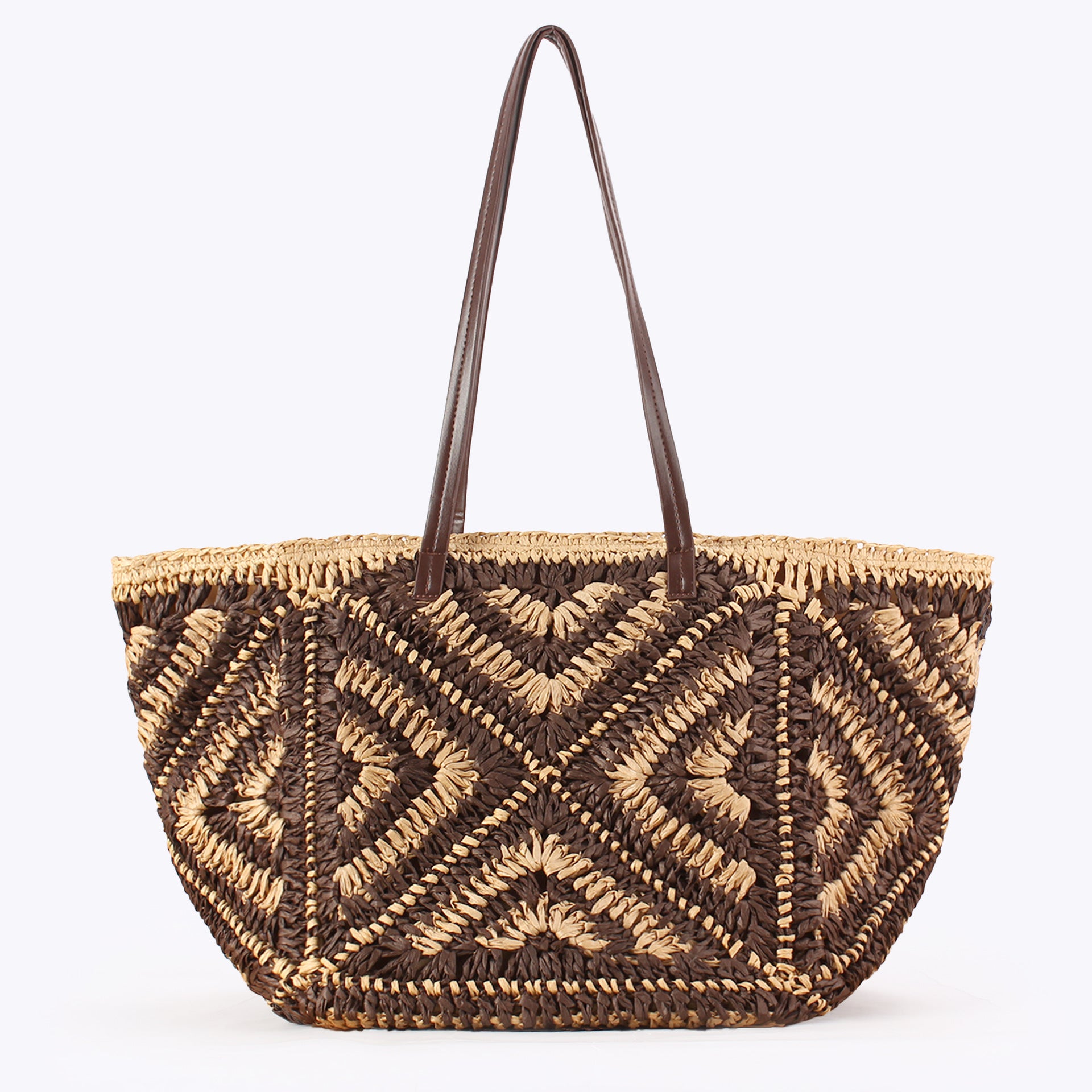 Oversized Geometric Paper Straw Woven Shoulder Tote Bag