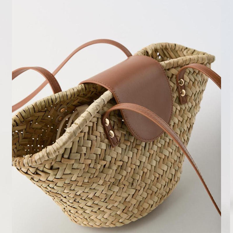 Factory Direct Sales Natural Grass Single Shoulder Straw Bag New Pu Splicing Woven Bag Vacation Beach Bag Versatile Rattan Bag