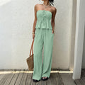 2026 Summer New Casual Solid Strapless Ruffle Tank Top Wide Leg Pants Two Piece Set
