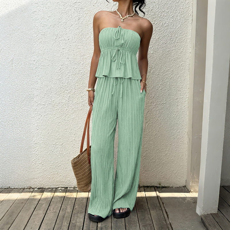 2026 Summer New Casual Solid Strapless Ruffle Tank Top Wide Leg Pants Two Piece Set