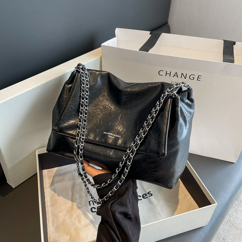 Slouchy Shoulder Bag with Metallic Chain Strap