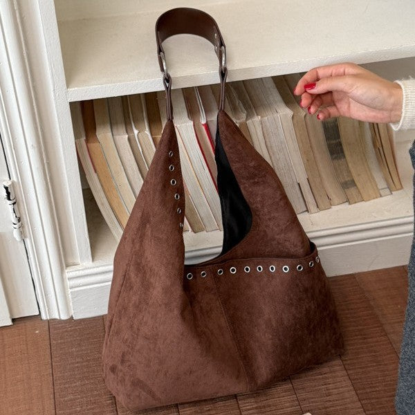 Soft Suede Hobo Bag with Bold Eyelet Accents