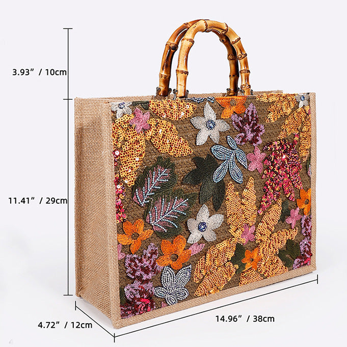 Women Bamboo Woven Straw Tote Bag, Sequin Large Capacity Handbag