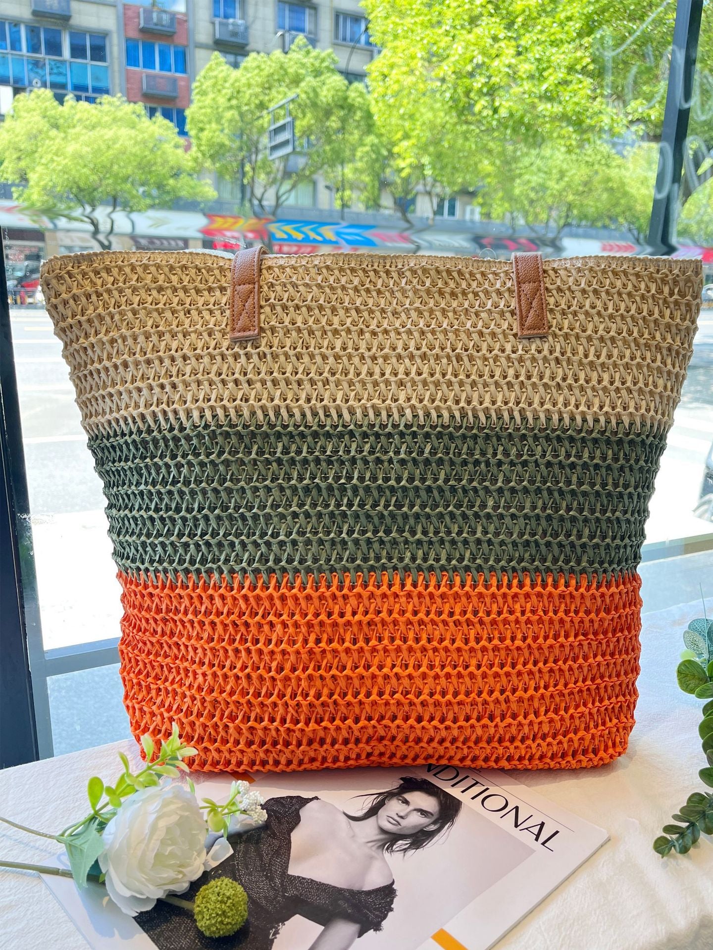 Rainbow Stripe Contrast Color Woven Straw Beach Bag