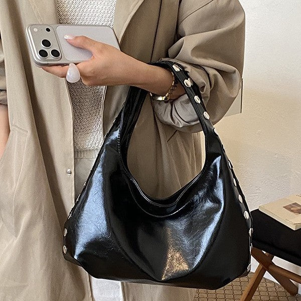Glossy Hobo Shoulder Bag with Bold Metal Stud Detailing