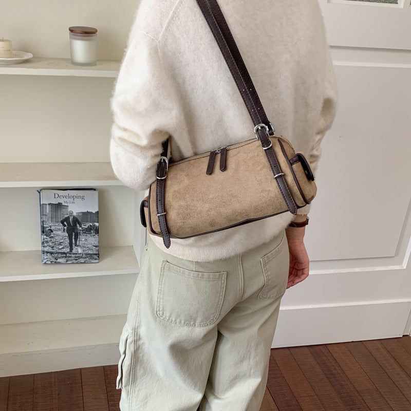 Chic Suede Baguette Shoulder Bag with Double Zipper