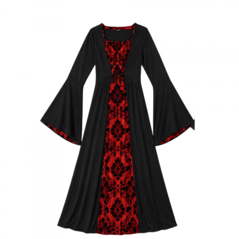 Halloween Gothic Medieval Maxi Dress with Red Brocade Panel