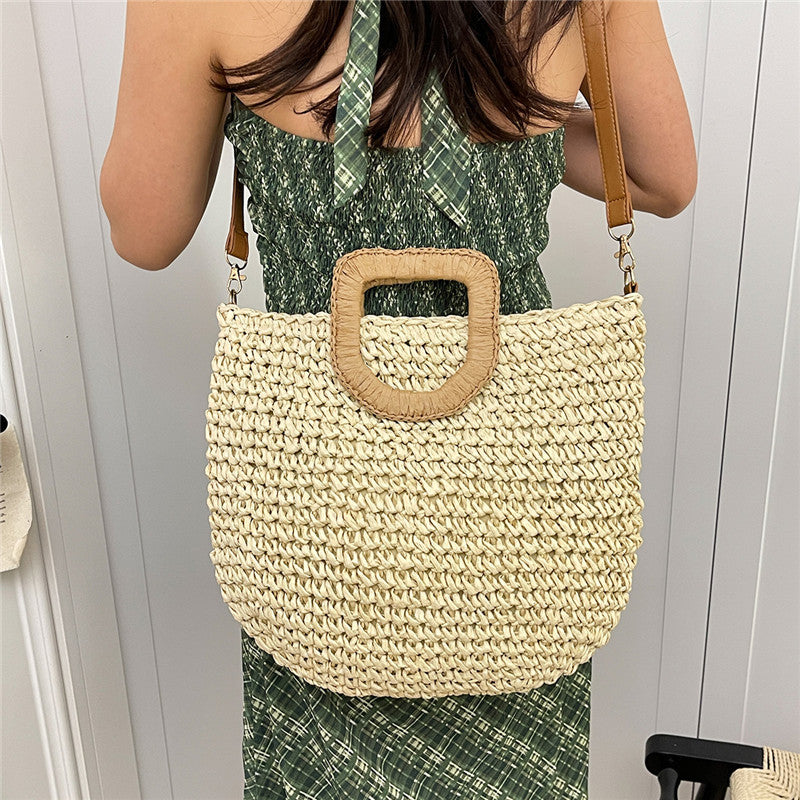 Women Beach Straw Casual Woven Handheld Bucket Large Shoulder Crossbody Bag