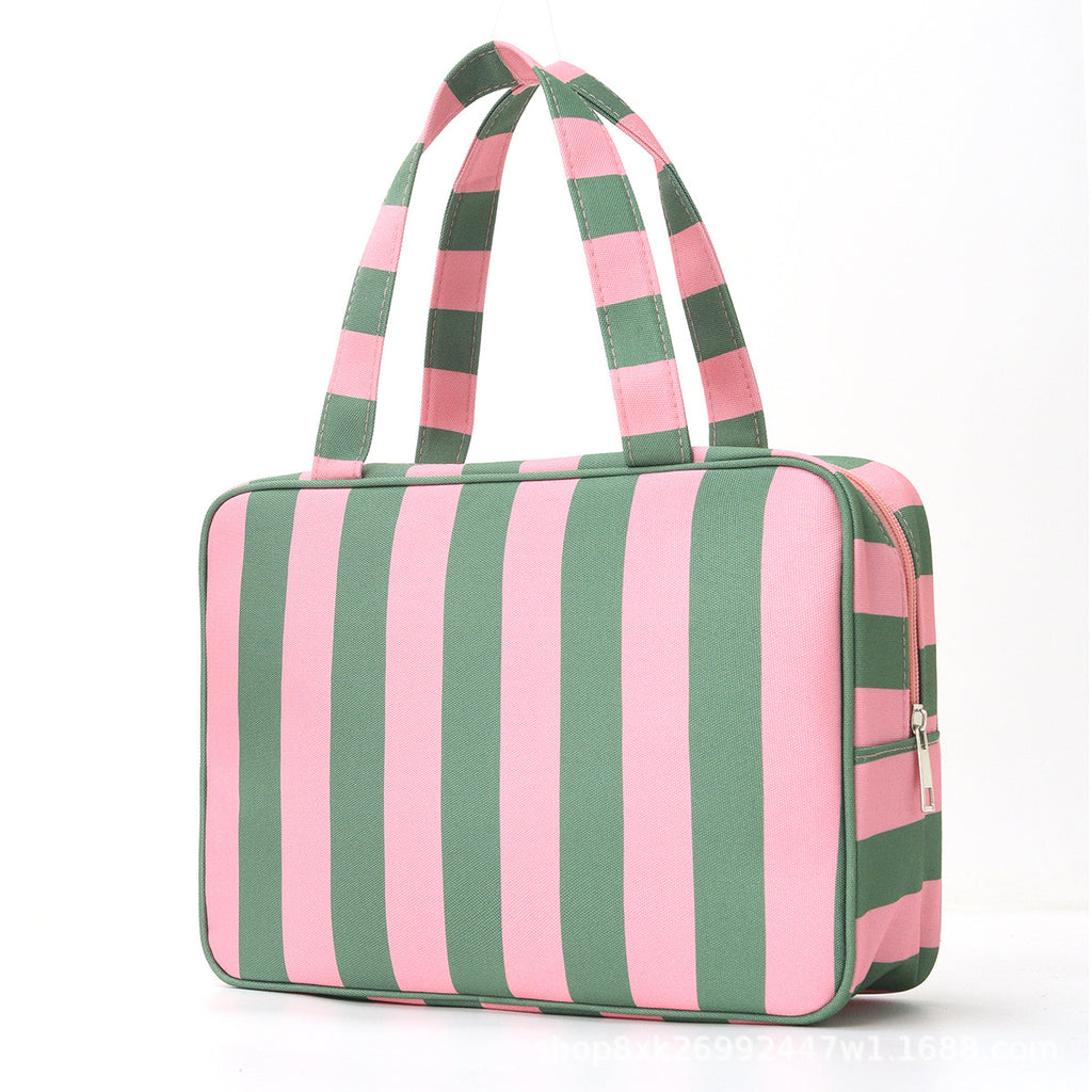 Pink White Striped Canvas Cosmetic Travel Bag