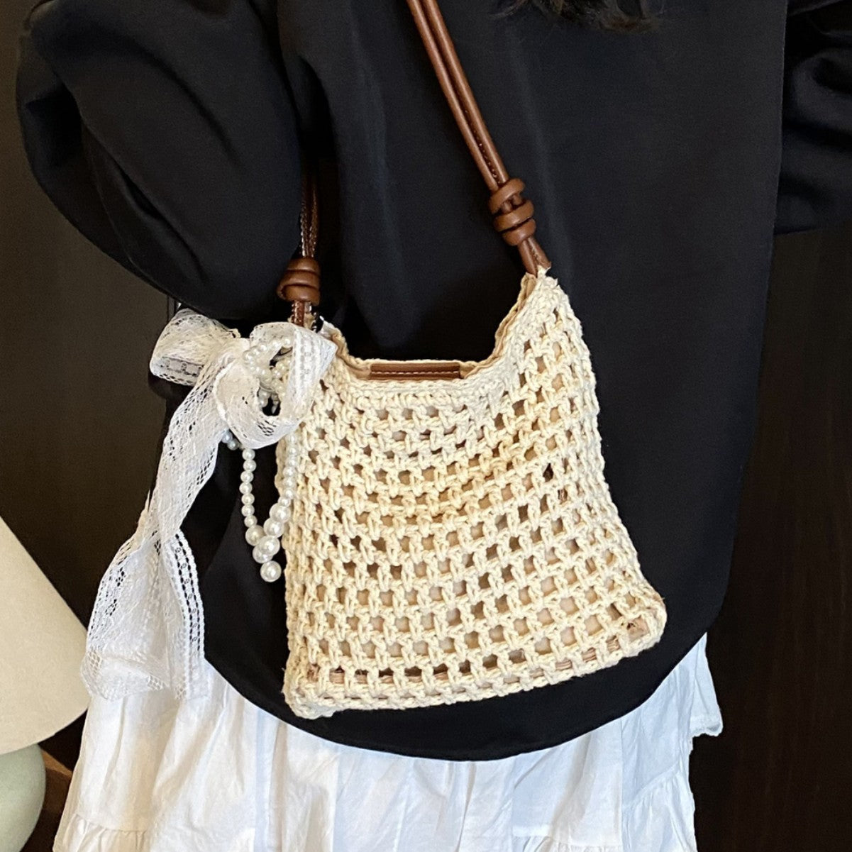 Fresh Sweet Bow Crossbody Phone 2026 New Cotton Woven Summer Beach Bag